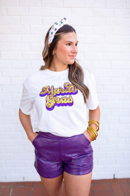 White Mardi Gras Sequin Graphic T-shirt - L & M Kee, LLC