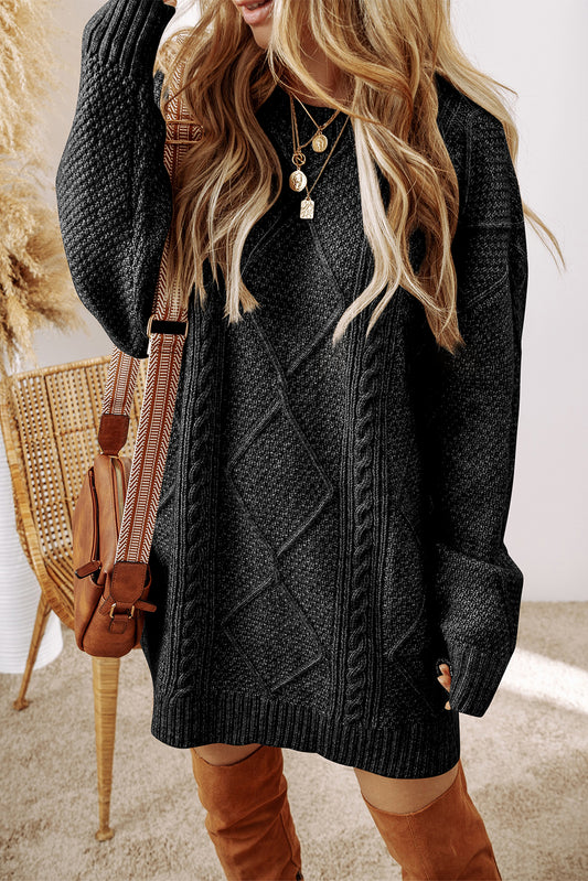 Mist Green Cable Knit Drop Shoulder Loose Fit Sweater Dress