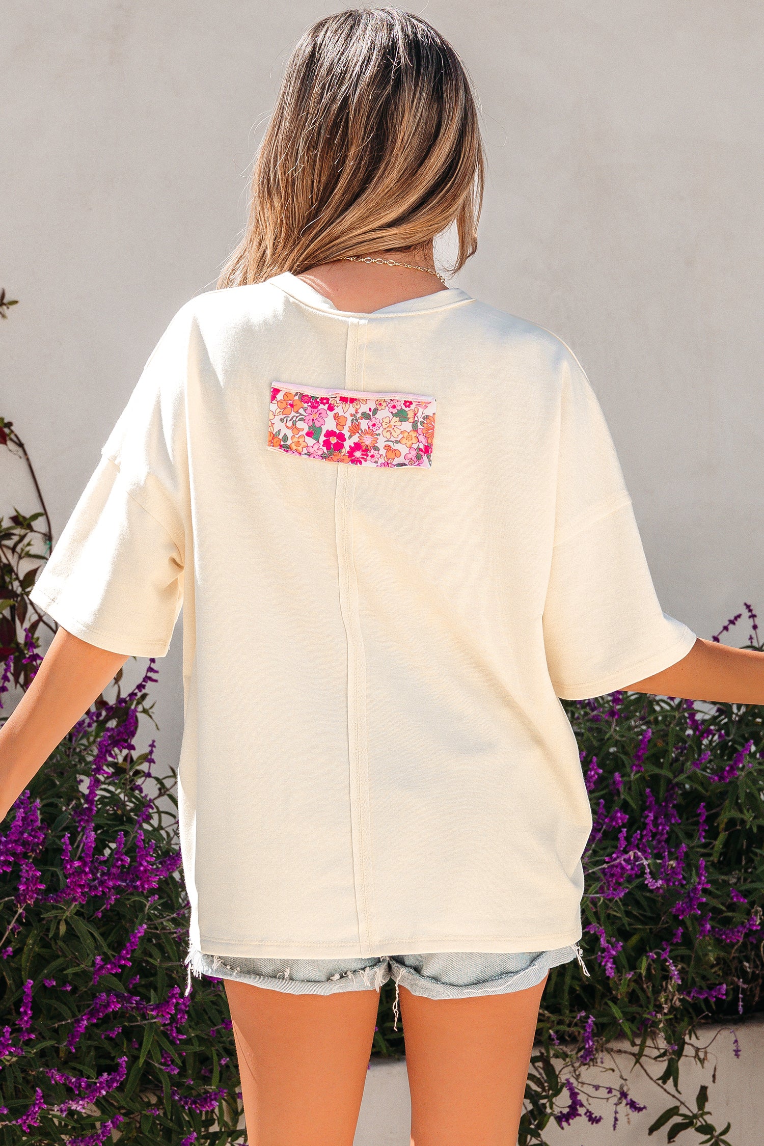 Bright Pink Floral Patched Raw Seam Big Flower Oversize Tee