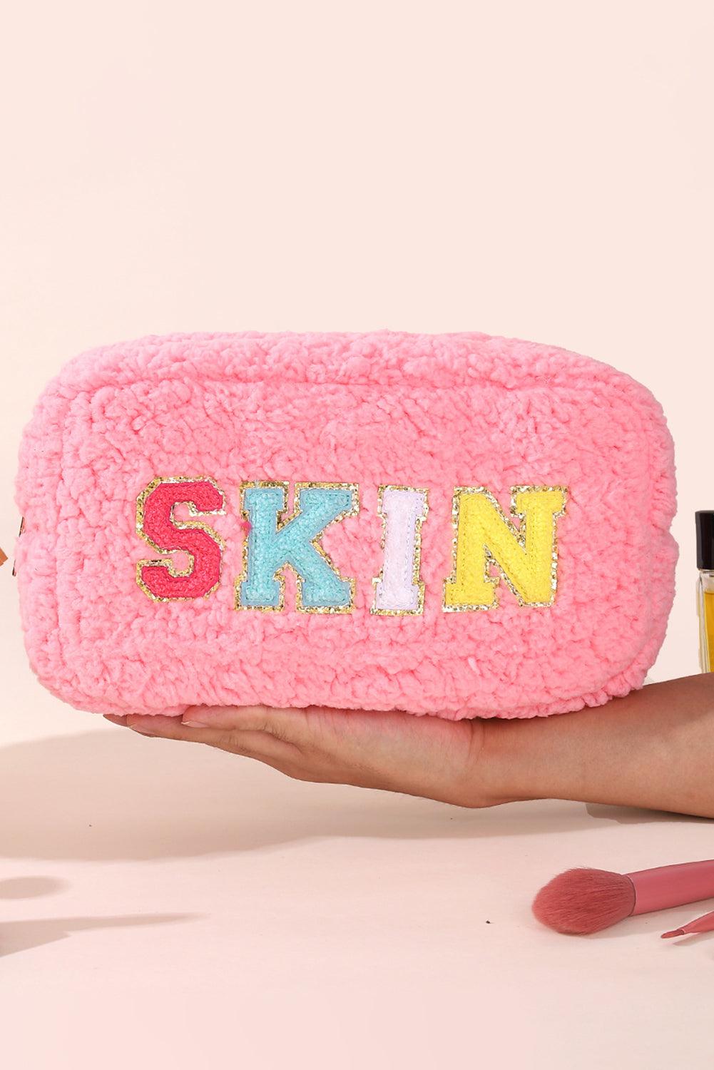 Pink Plush Chenille Embroidered Alphabet Makeup Bag - L & M Kee, LLC