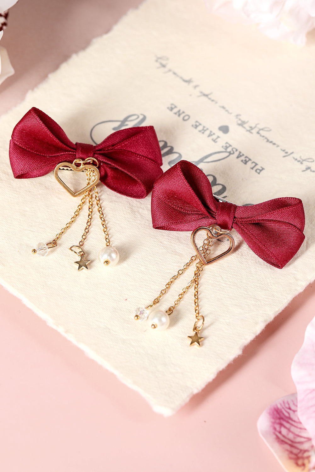 Racing Red Bow Knot Heart Pearl Tasseled Hair Clips