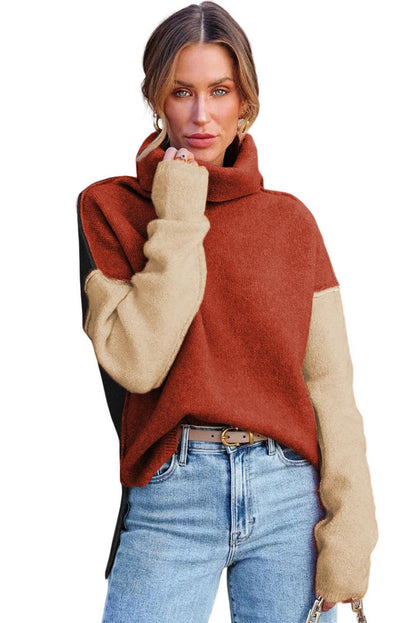 Khaki Color Block Turtle Neck Drop Shoulder Knit Sweater - L & M Kee, LLC