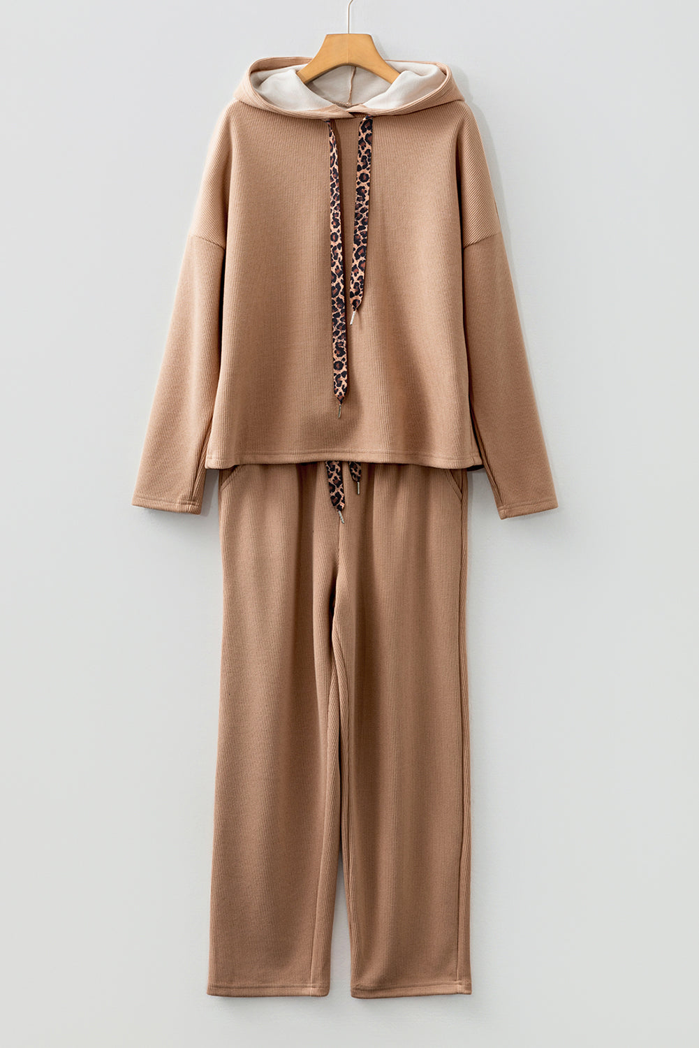 Rose Tan Lace Drawstring Pullover Hoodie and High Waist Pants Corduroy Suit