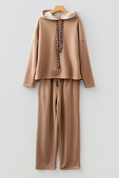 Rose Tan Lace Drawstring Pullover Hoodie and High Waist Pants Corduroy Suit