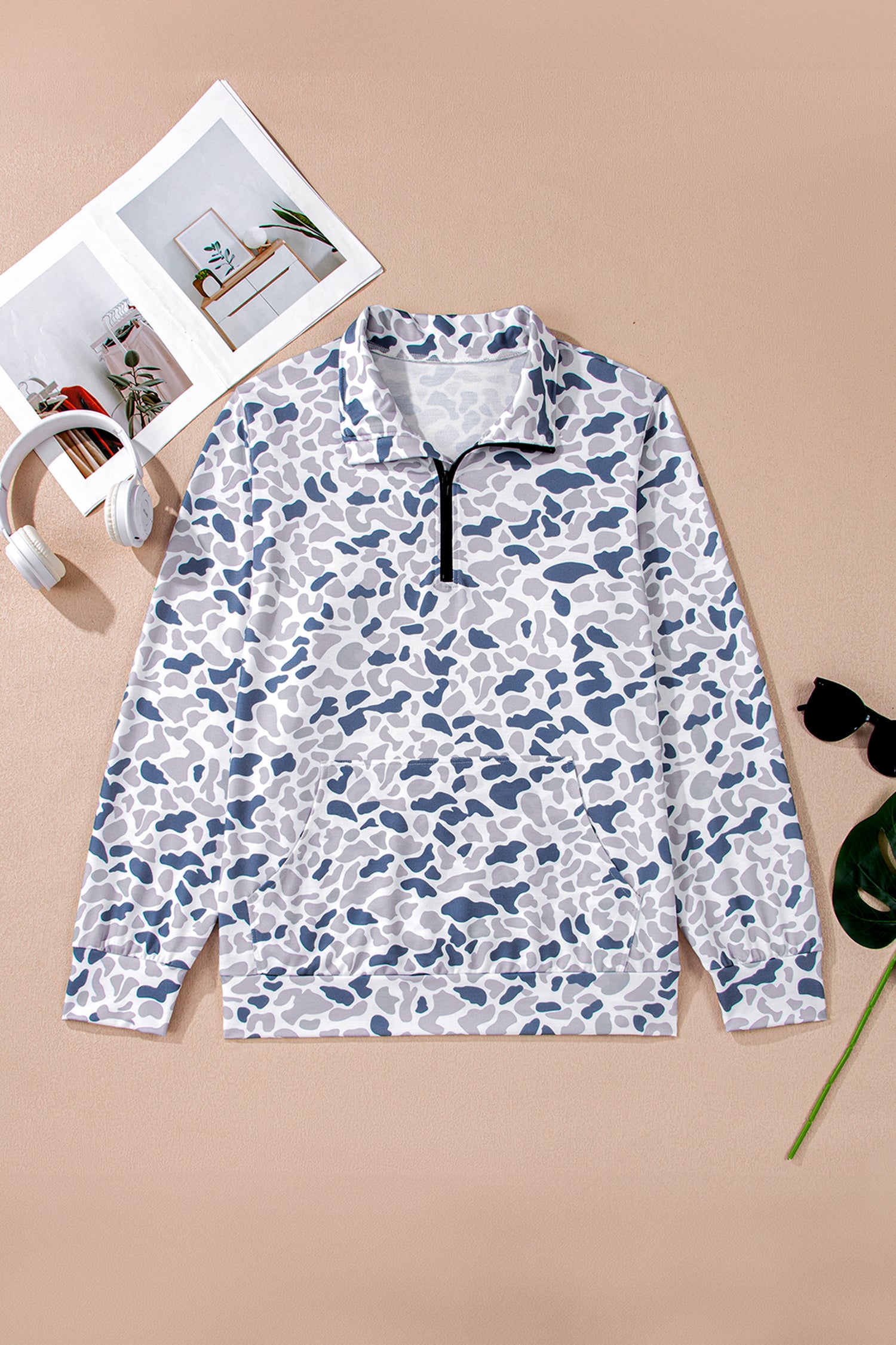 Multicolour Plus Camouflage Print Quarter Zip Kangaroo Pocket Pullover Sweatshirt