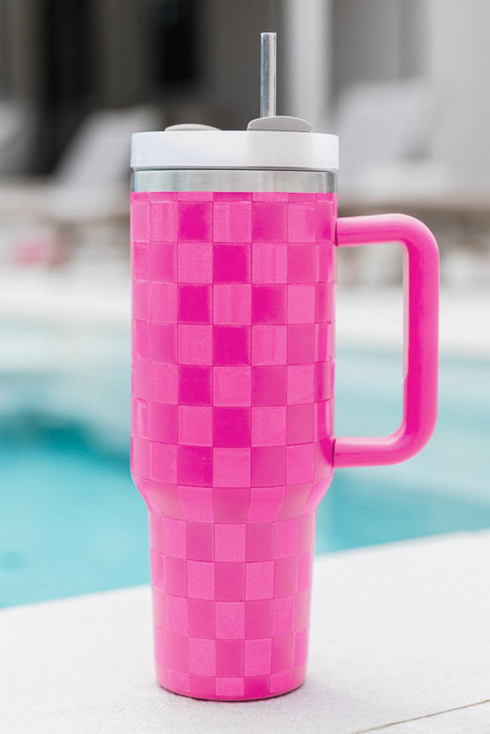 Dark Pink Checkered Print Handled Stainless Steel Tumbler Cup 40oz - L & M Kee, LLC