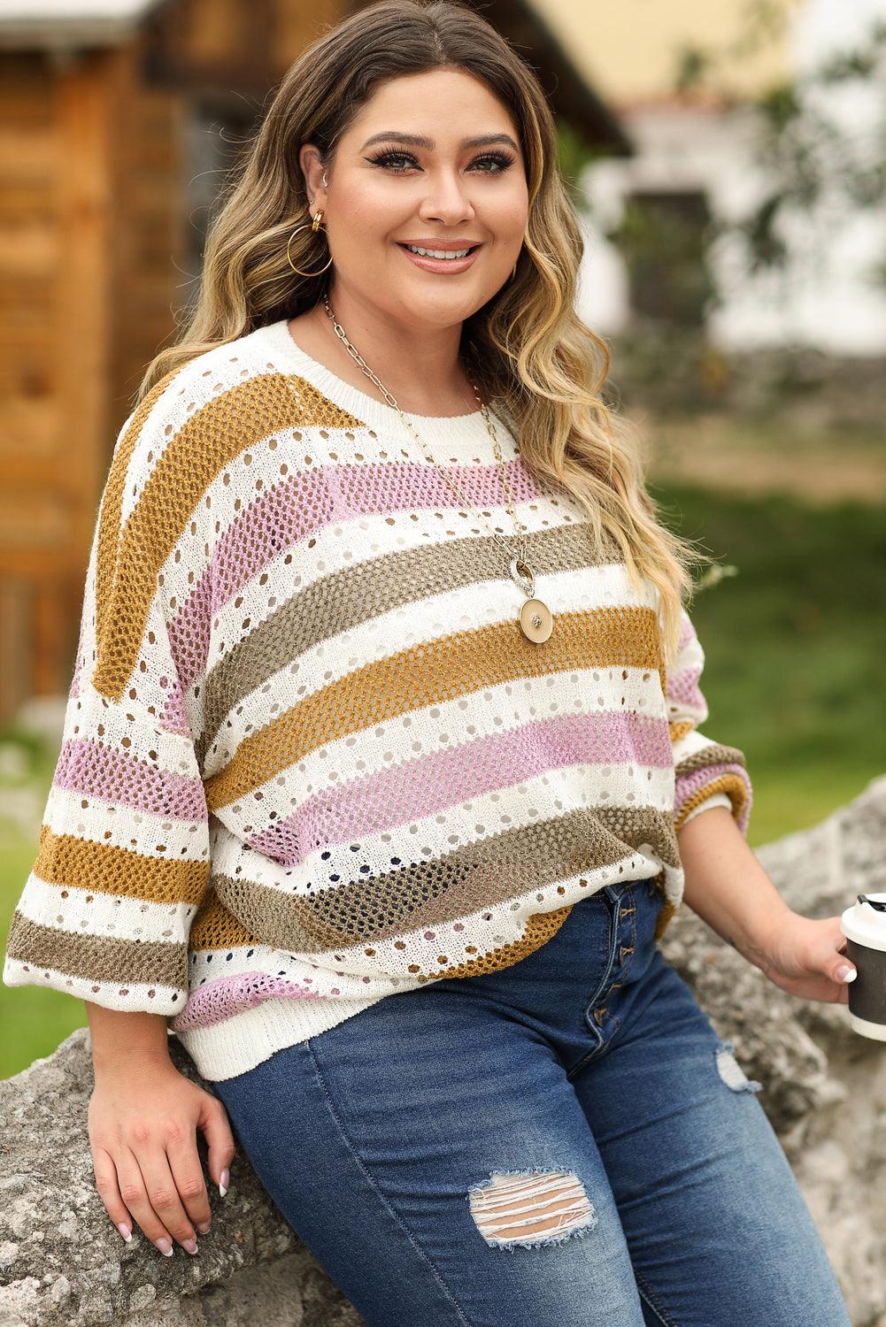 Multicolor Plus Size Striped Hollowed Knitted Loose Sweater - L & M Kee, LLC