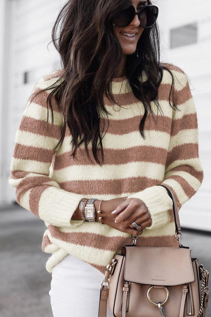 Brown Striped Round Neck Casual Sweater - L & M Kee, LLC