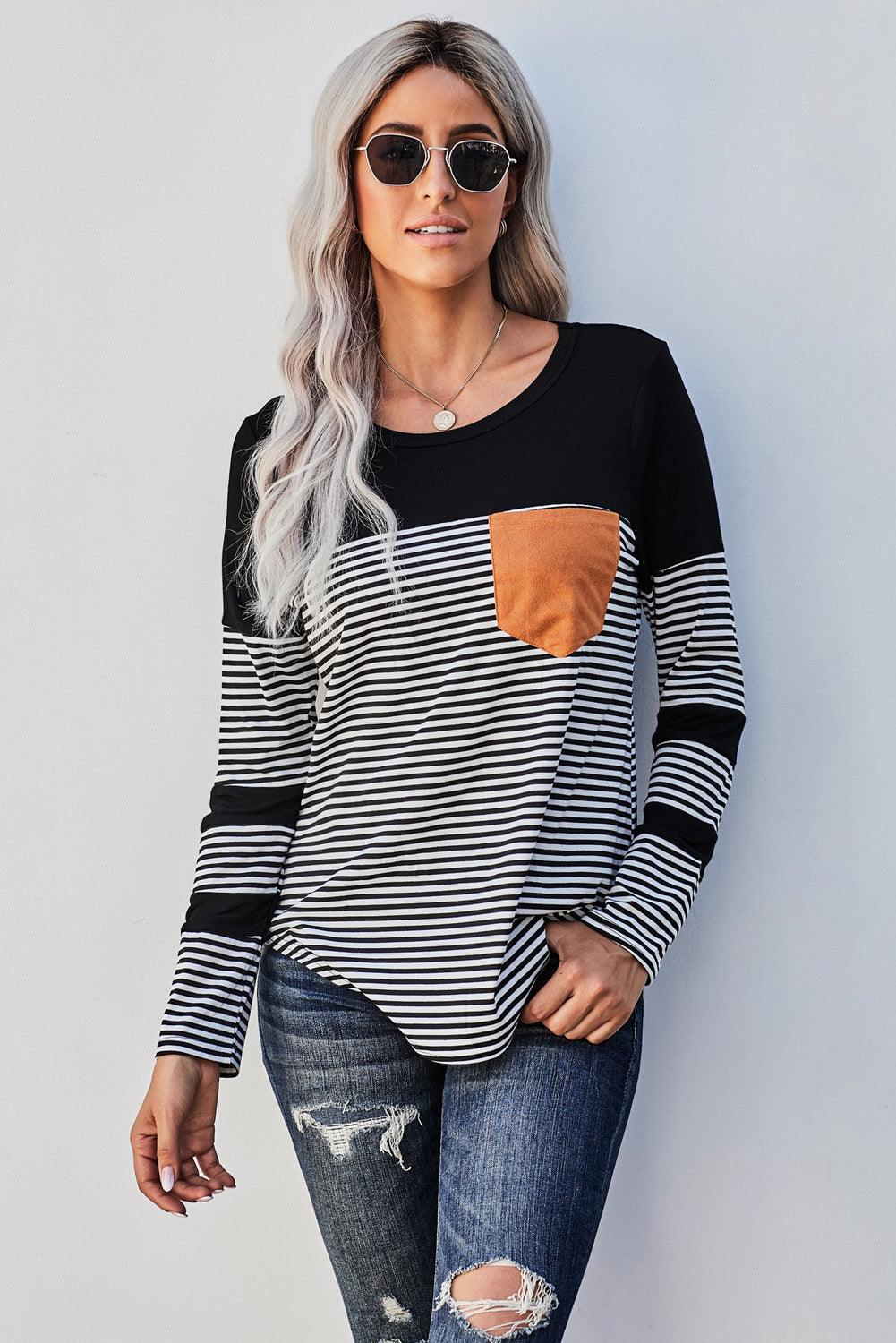 Black Pinstripe Patch Pocket Top - L & M Kee, LLC