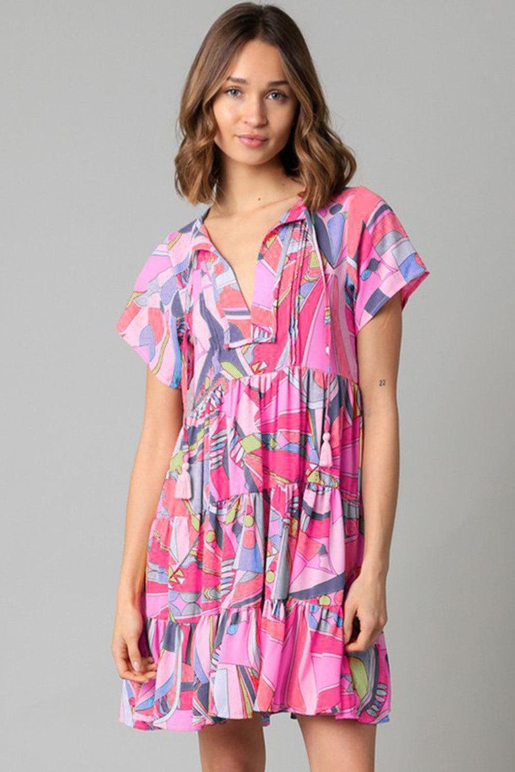 Multicolor Geometric Abstract Print Long Sleeve Shirt Dress - L & M Kee, LLC