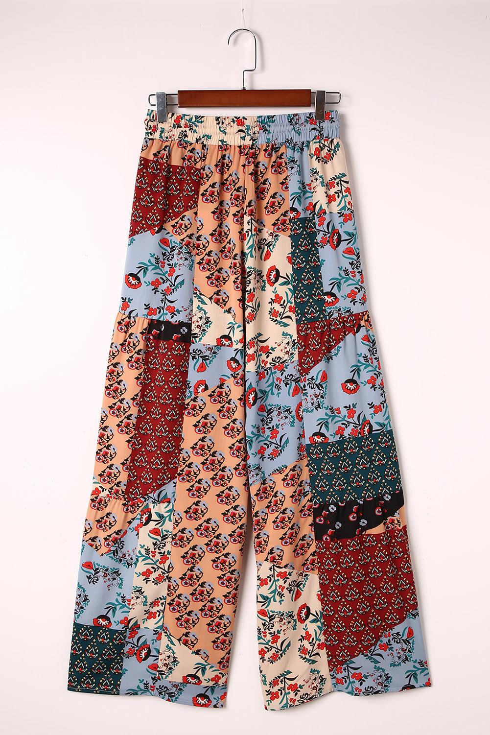 Multicolor Boho Patchwork Print Drawstring Wide Leg Pants - L & M Kee, LLC