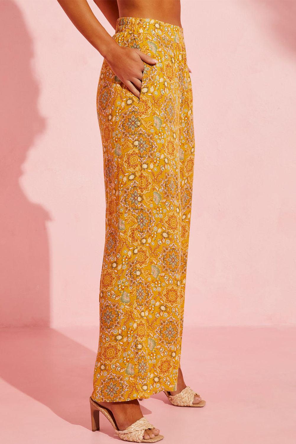 Yellow Bohemian Floral Print Pocketed Wide Leg Pants - L & M Kee, LLC