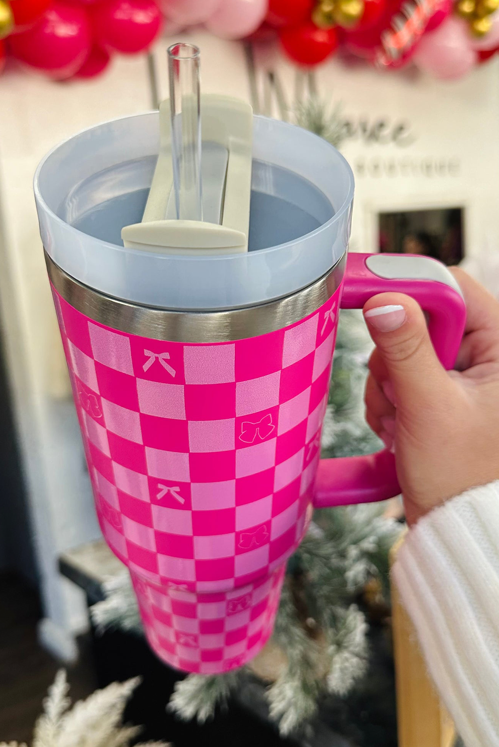 Bright Pink Bow Knot Checkered Print Large Stainless Steel Tumbler