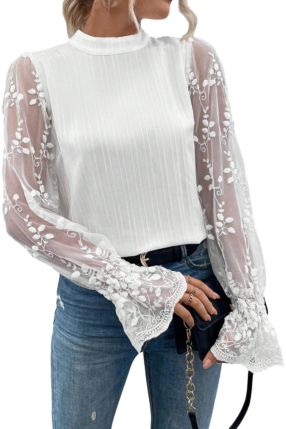 White Contrast Lace Sleeve Mock Neck Textured Blouse - L & M Kee, LLC