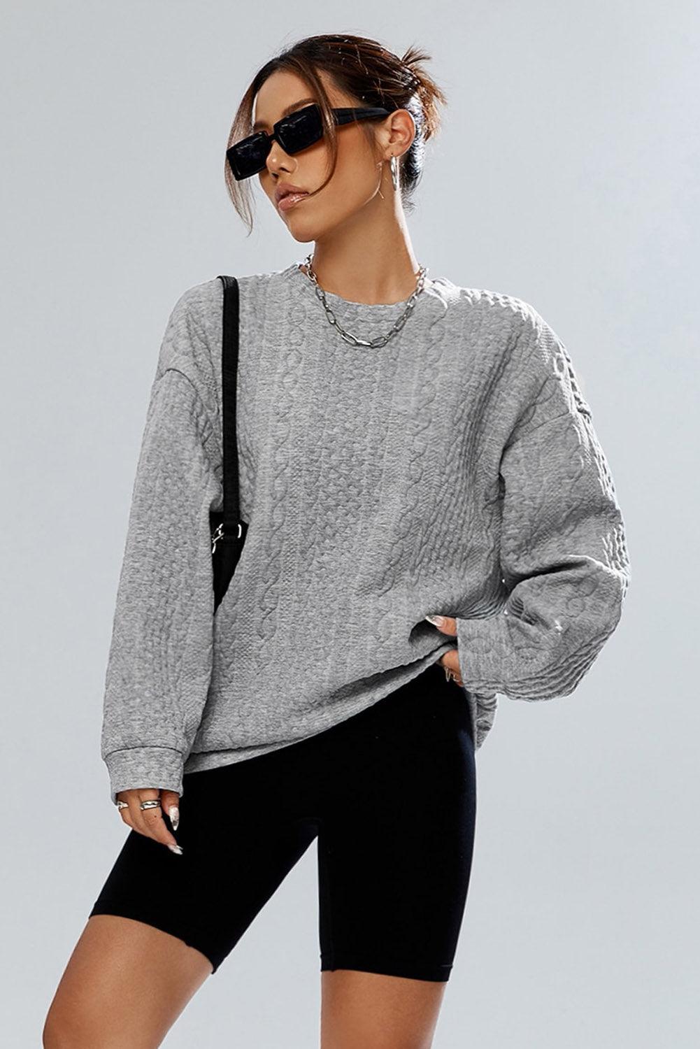 Gray Cable Textured Drop Shoulder Pullover Sweatshirt - L & M Kee, LLC