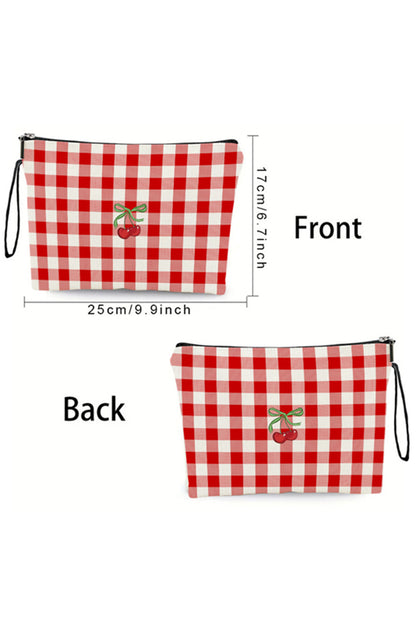 Fiery Red Cherry Plaid Print Wristlet Zipper Canvas Makeup Bag