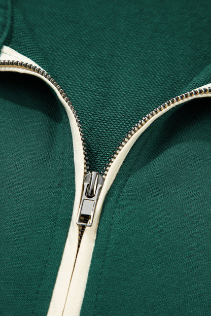 Evergreen Contrast Trim Zip Collar Long Sleeve Ruffle Hem Mini Dress