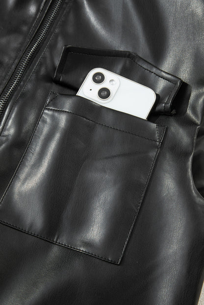 Black Double Flap Pocket Faux Leather Zip Up Stand Neck Vest