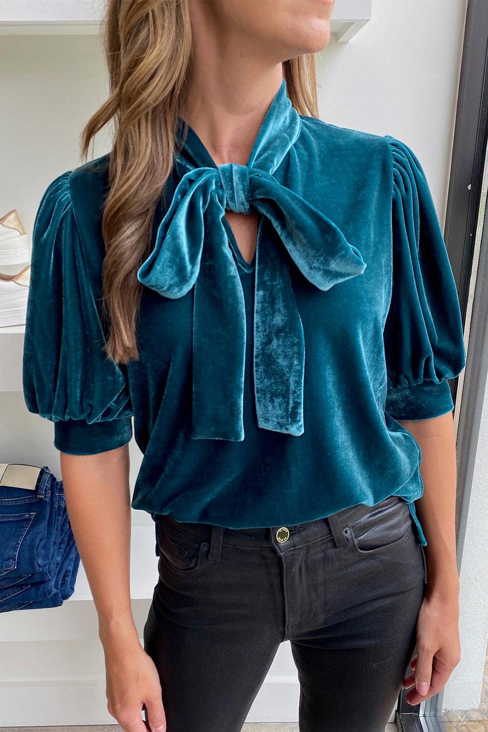 Peacock Blue Velvet Bow Tie Neck Short Sleeve Top - L & M Kee, LLC