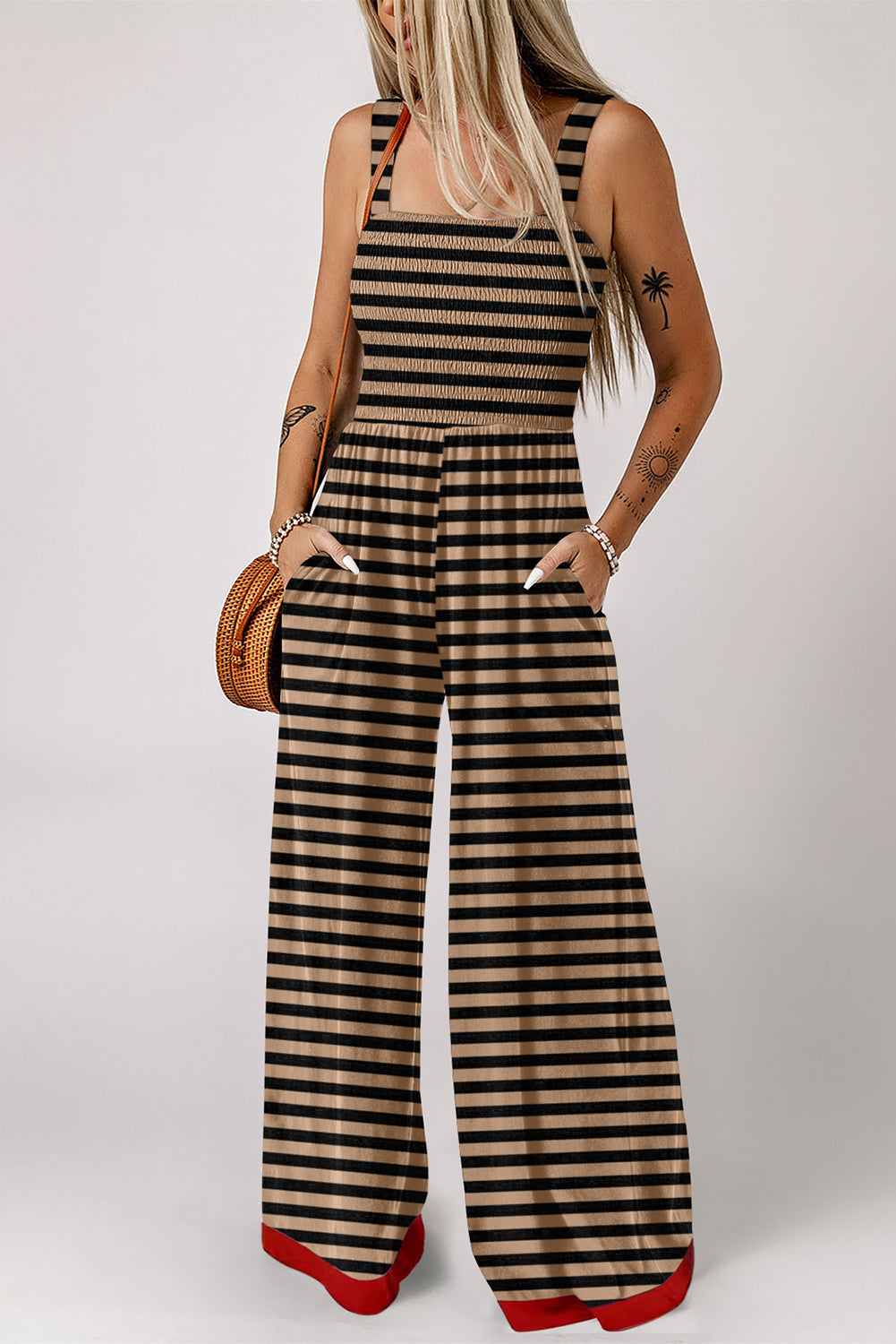 Brown Stripe Square Neck Shirred Wide Leg Jumpsuit