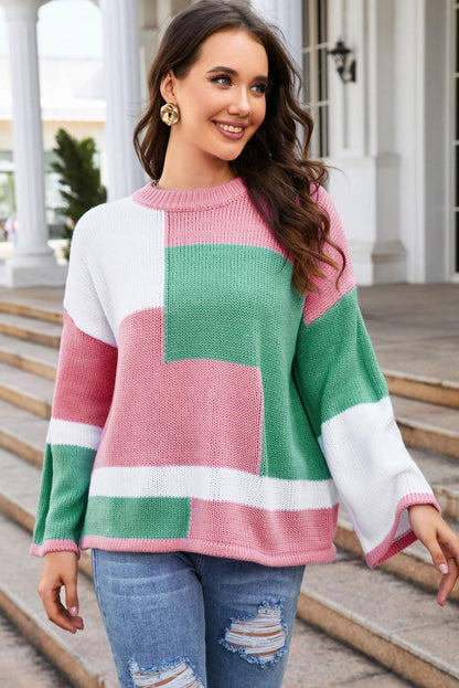 Colorblock Drop Shoulder Bell Sleeve Sweater - L & M Kee, LLC