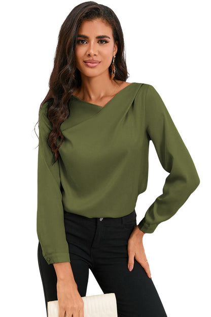 Solid Asymmetric V Neck Long Sleeve Satin Blouse - L & M Kee, LLC