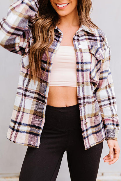 Geometric Plaid Print Pocketed Shacket - L & M Kee, LLC