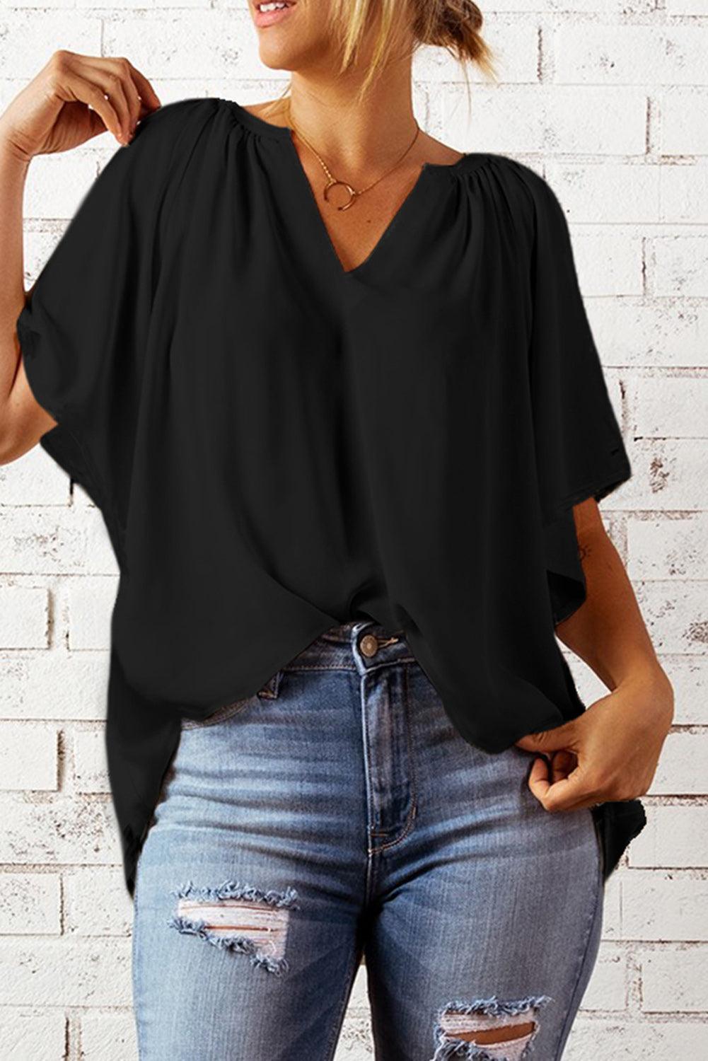 Black Split Neck Pleated Loose Top - L & M Kee, LLC