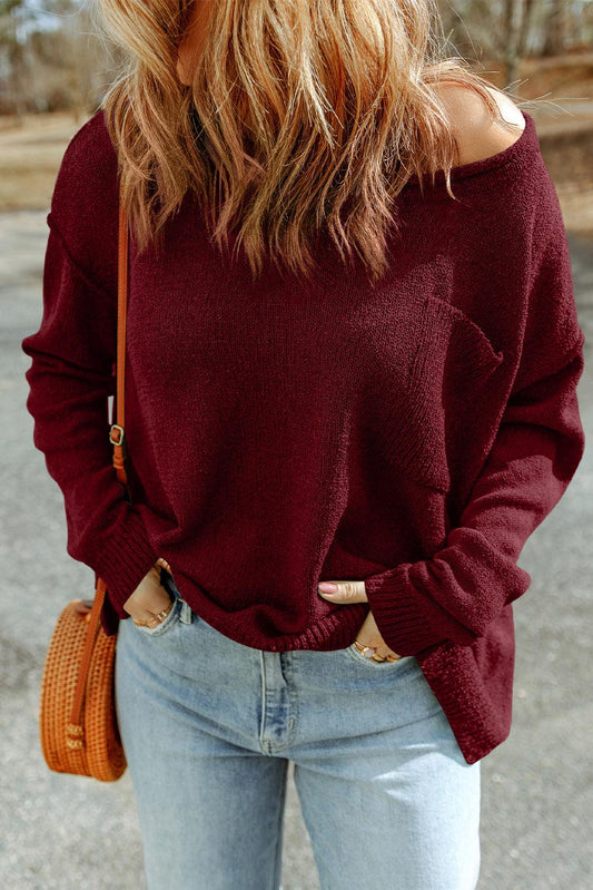 Biking Red Solid Color Off Shoulder Rib Knit Sweater with Pocket - L & M Kee, LLC