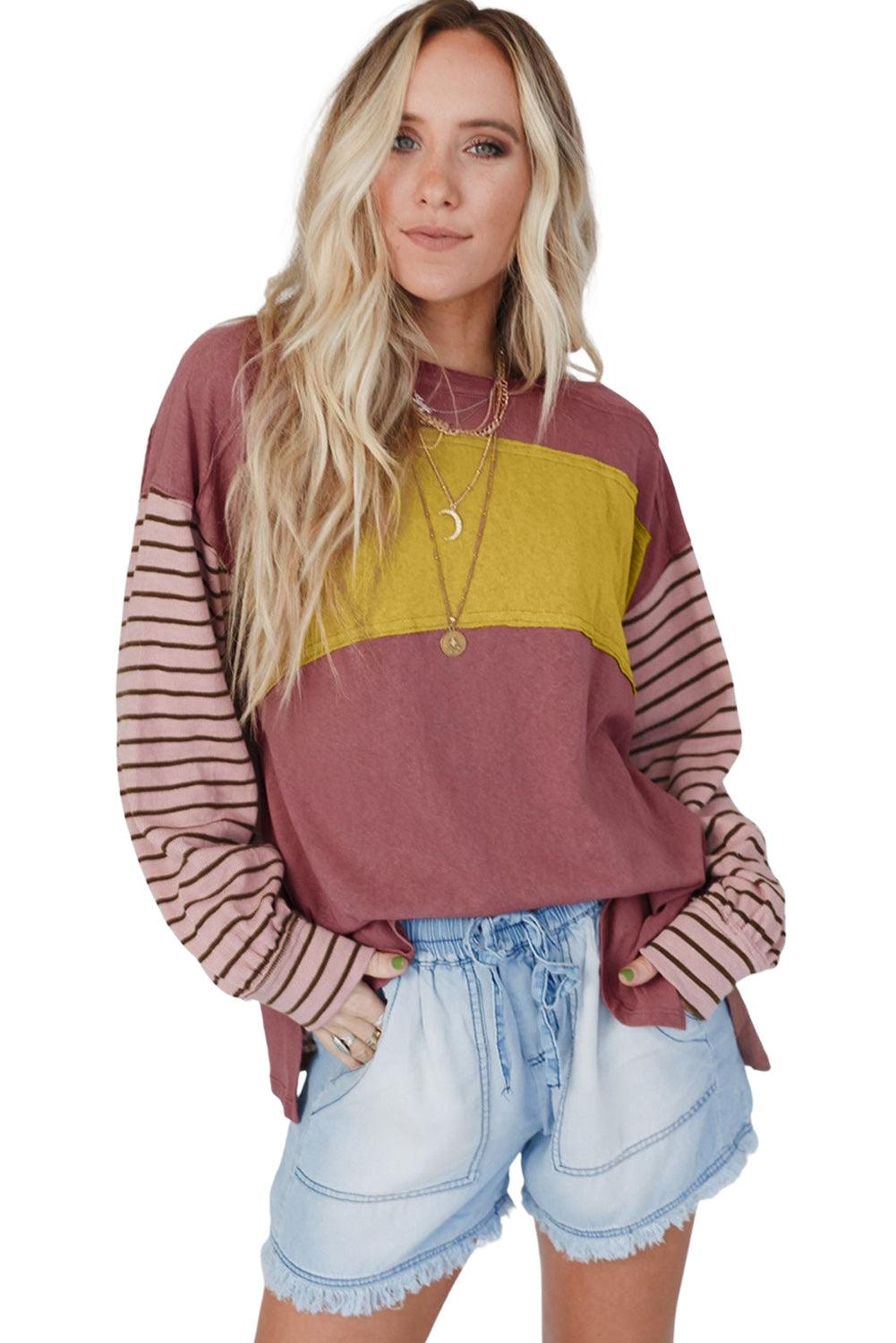 Red Colorblock Striped Bishop Sleeve Top - L & M Kee, LLC