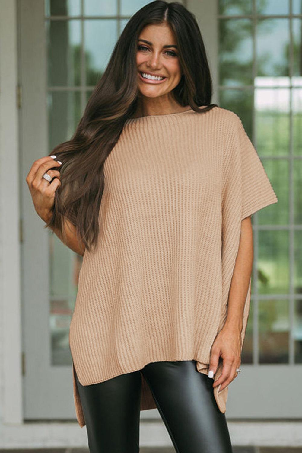 Rose Red Short Sleeve Side Slit Oversized Sweater - L & M Kee, LLC