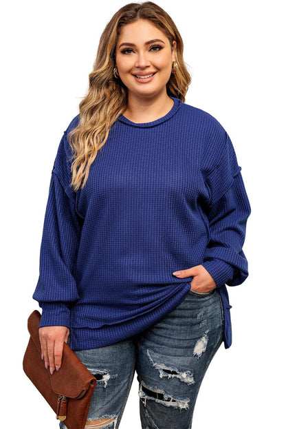 Blue Plus Size Waffle Knit Oversized Exposed Seam Top - L & M Kee, LLC