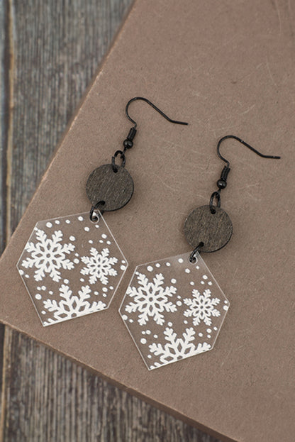 White Snowflake Print Hexagon Acrylic Dangle Earrings