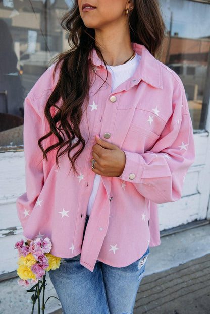 Pink Star Print Button Denim Jacket - L & M Kee, LLC