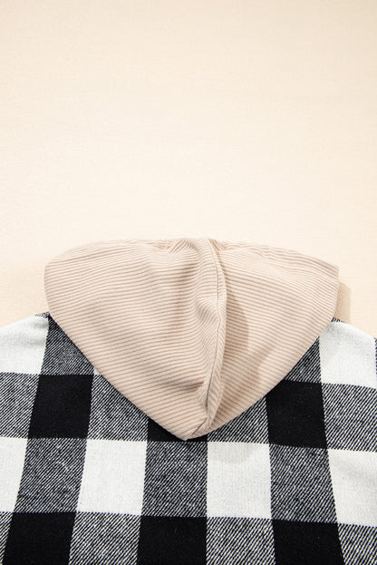 Black Double Plaid Patchwork Drawstring Hooded Shacket