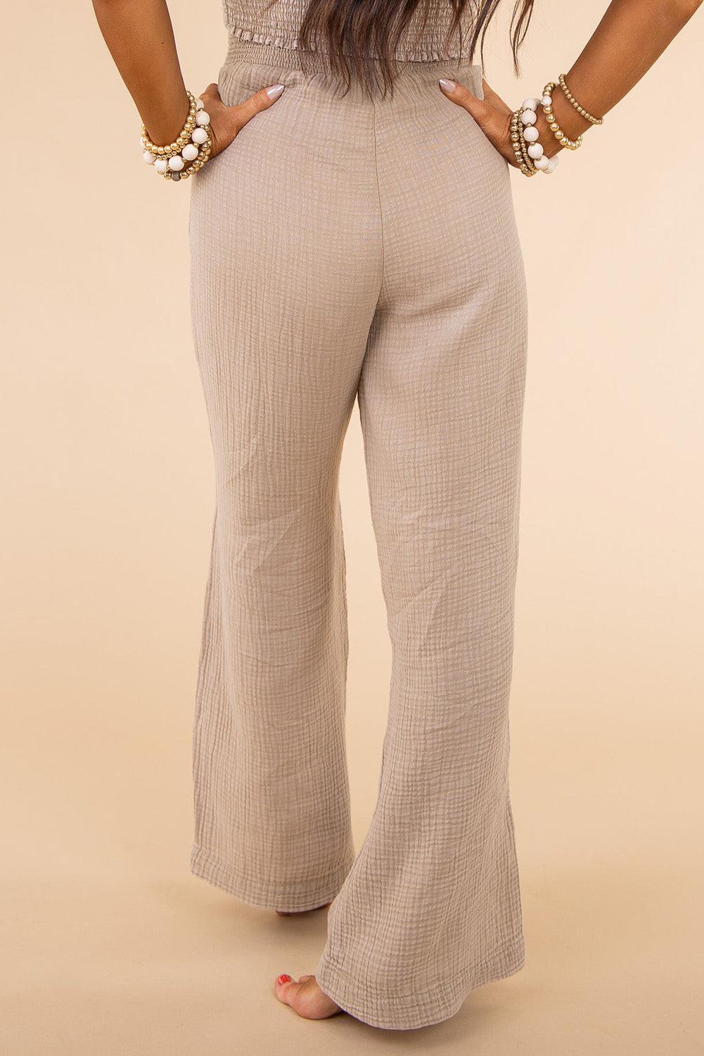 Khaki Textured High Waist Wide Leg Plus Size Pants - L & M Kee, LLC