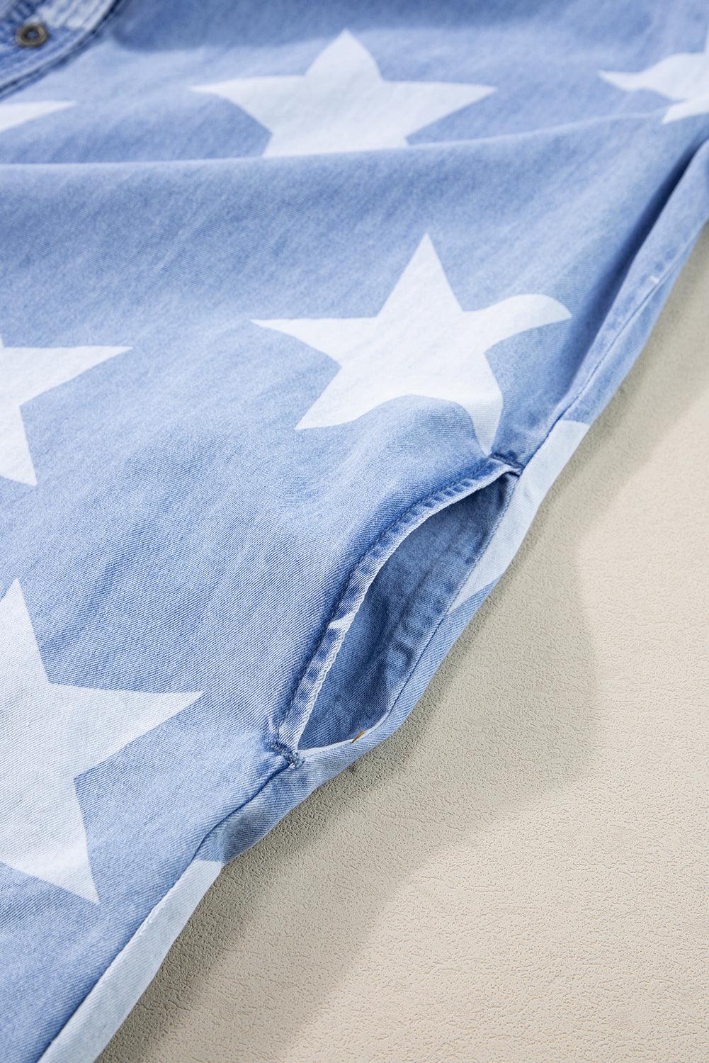 Sky Blue Stars Frayed Hem Collared Short Sleeve Denim Dress - L & M Kee, LLC