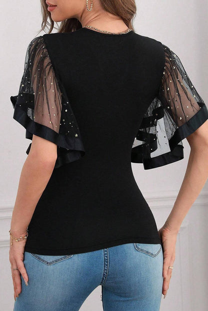 Black Starry Mesh Flutter Sleeve Slim Fit Top - L & M Kee, LLC