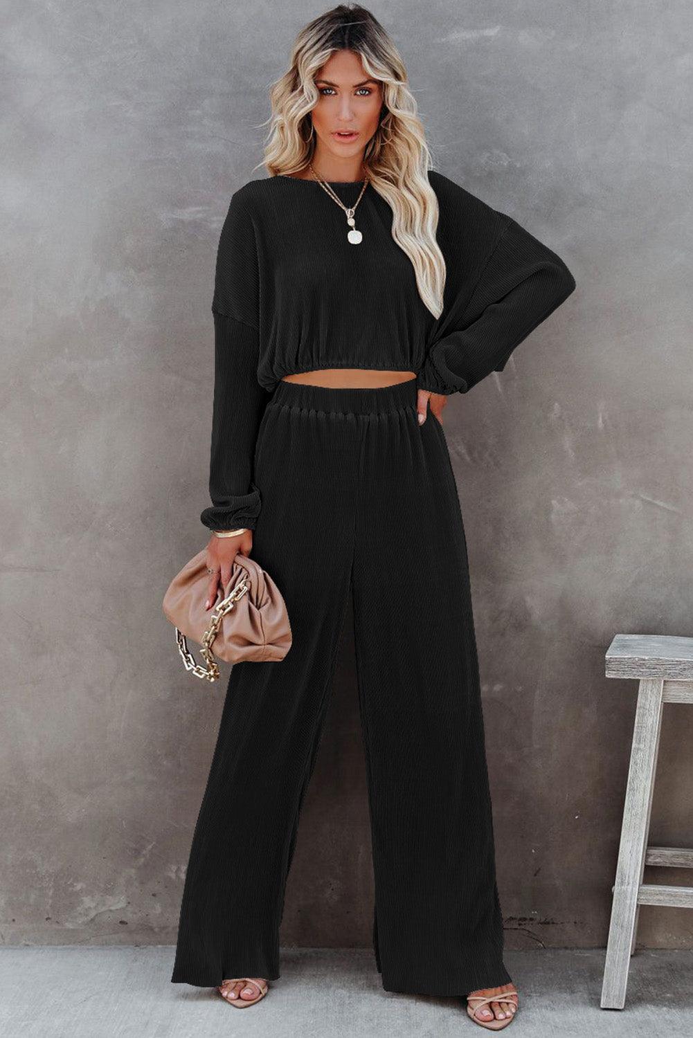 Black Corded Cropped Pullover and Wide Leg Pants Set - L & M Kee, LLC