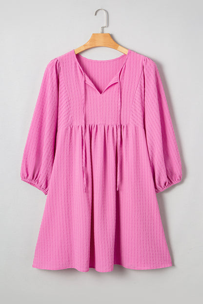 Sachet Pink Plus Size Textured Tie Split Neck Puff Sleeve Flowy Mini Dress