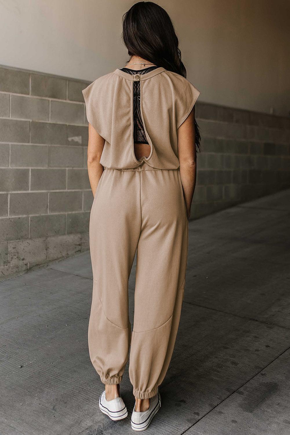 Medium Grey Cap Sleeve Open Back Drawstring Jogger Jumpsuit - L & M Kee, LLC