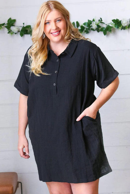 Black Plus Size Shirt Collar Buttoned Short Sleeve Shift Dress - L & M Kee, LLC