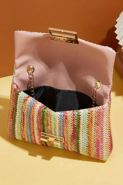 Strawberry Pink Bohemian Woven Gold Chain Shoulder Bag - L & M Kee, LLC