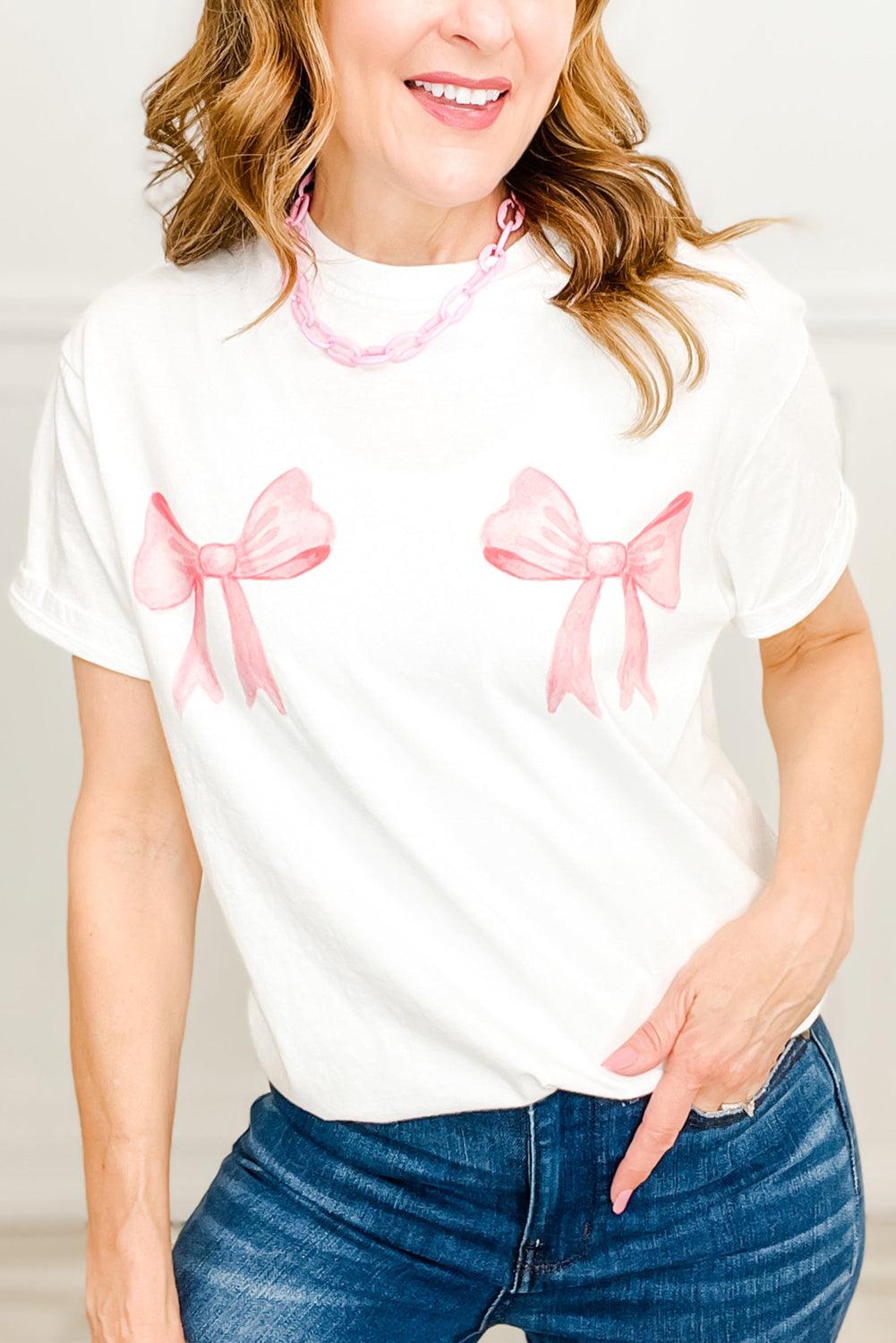 White Sweet Bow Knot Print O Neck Casual T Shirt - L & M Kee, LLC