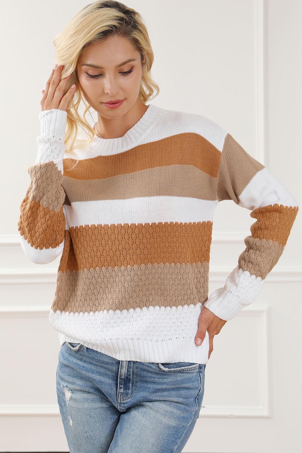 Chestnut Striped Cable Knit Drop Shoulder Sweater - L & M Kee, LLC