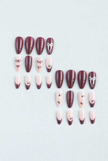 Racing Red Bow Cherry Pearled Almond Shape Nail Stickers with Jelly Glue