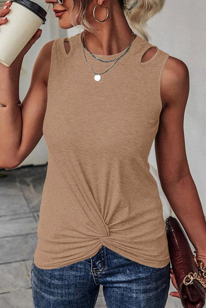 Rib Knit Cut-out Front Twist Tank Top - L & M Kee, LLC