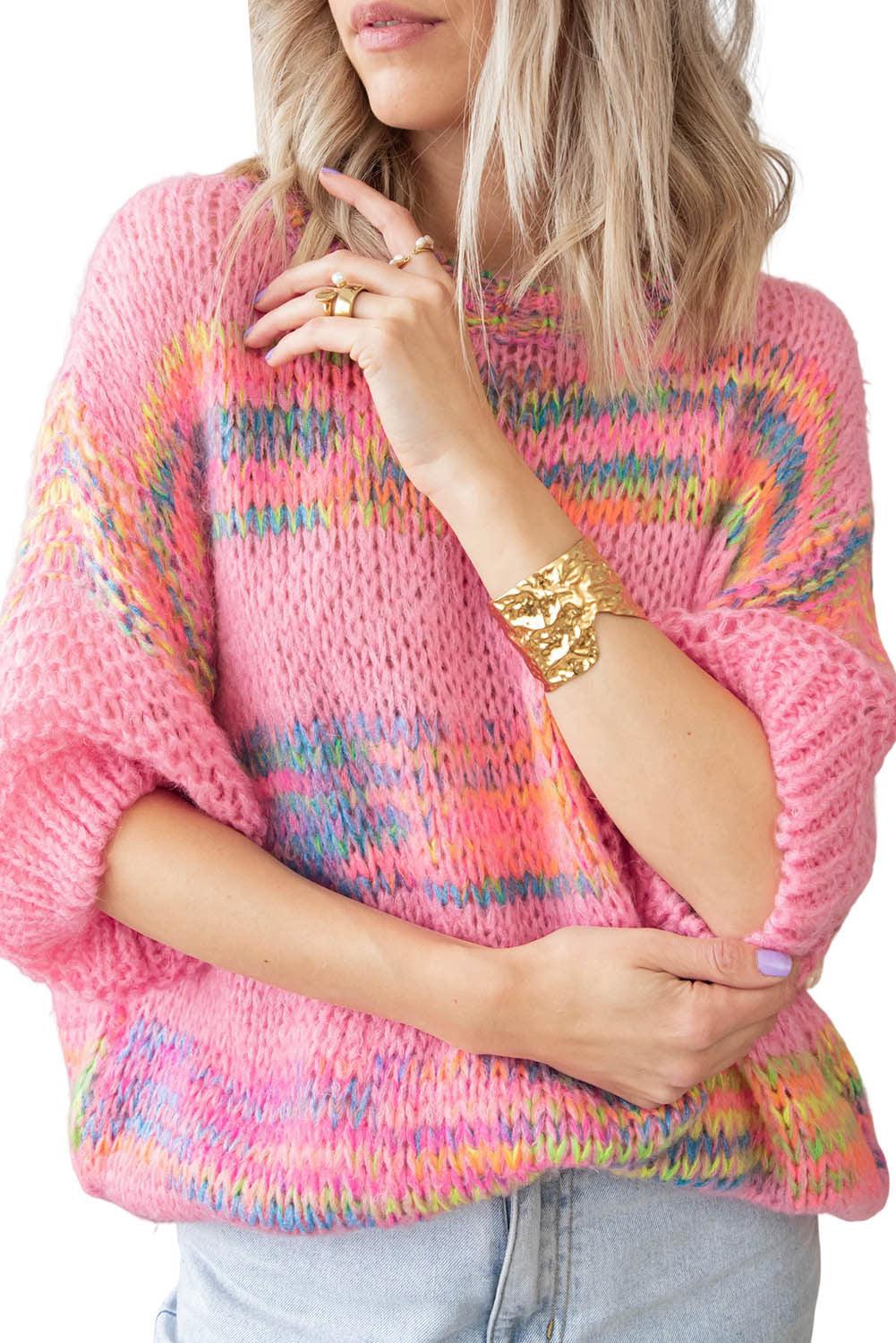 Colorful Stripes 3/4 Sleeve Loose Sweater - L & M Kee, LLC