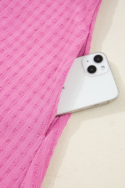 Sachet Pink Plus Size Textured Tie Split Neck Puff Sleeve Flowy Mini Dress