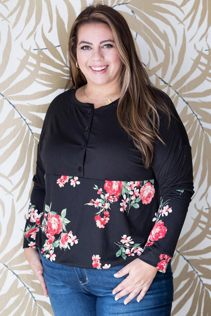 Black Plus Size Floral Printed Splicing Half Button Top - L & M Kee, LLC